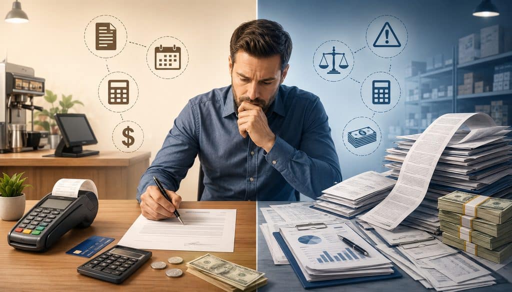 Business owner comparing early termination fees and liquidated damages in a merchant processing contract