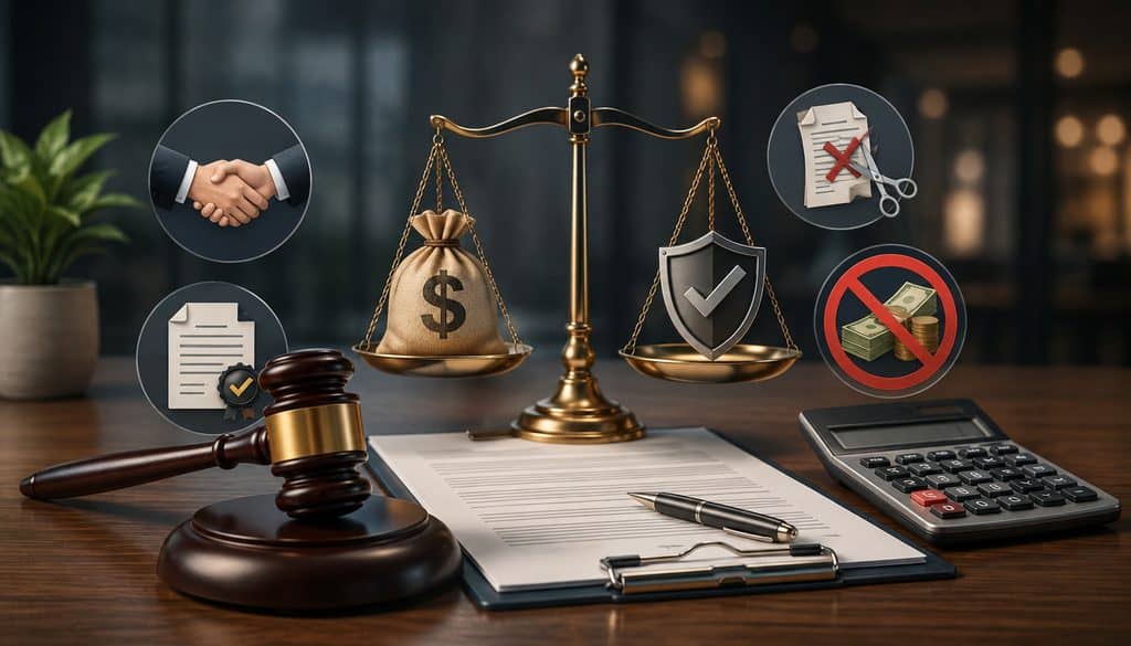 Liquidated damages and contract cancellation penalties illustration with legal scales and gavel