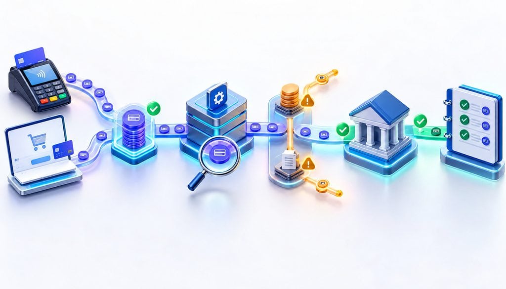 Merchant batch reconciliation workflow comparing POS sales, processor settlement fees, bank deposit and clearing account